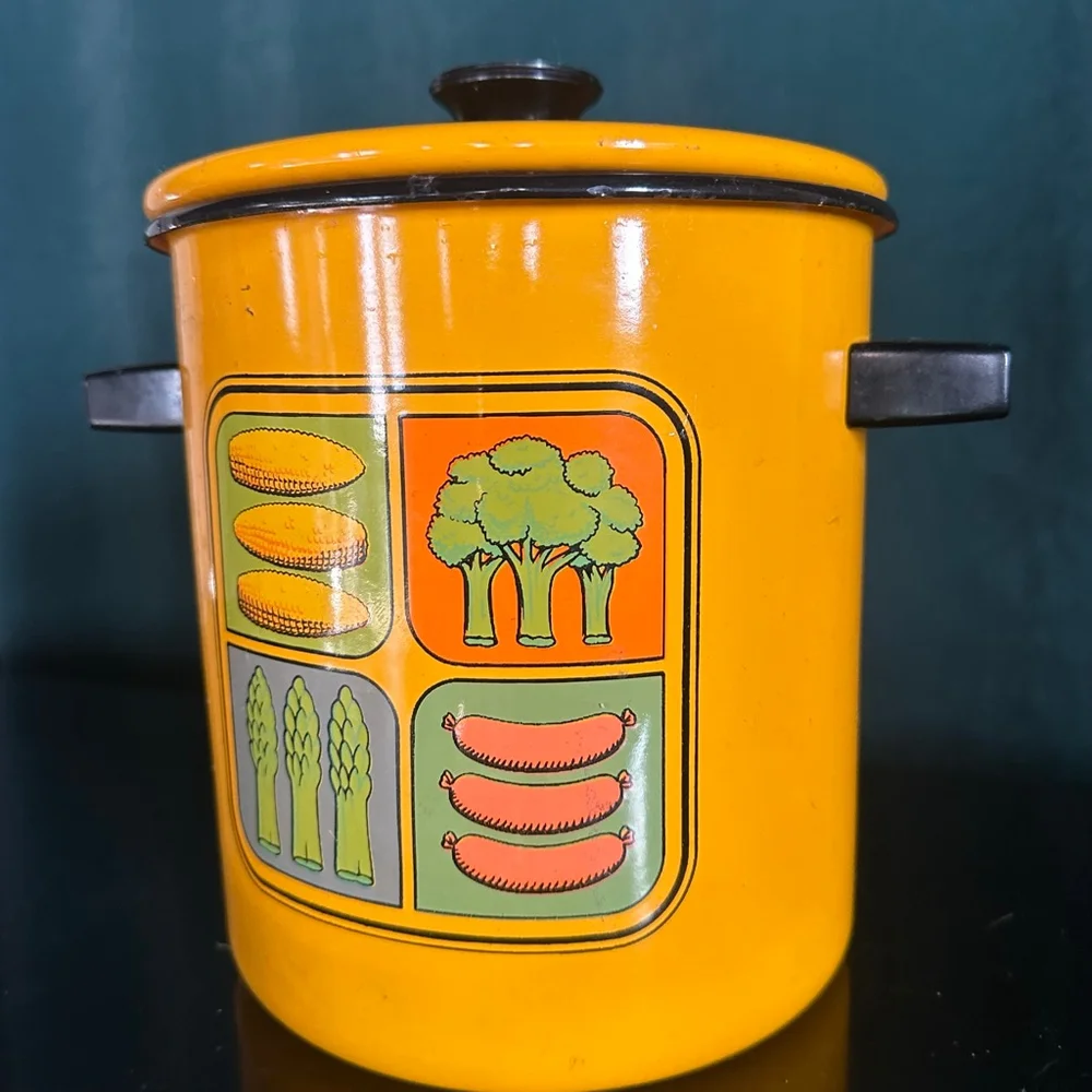 Vintage MCM Enamelware Vegetable Stock Pot Enamel Yellow Corn Asparagus Broccoli